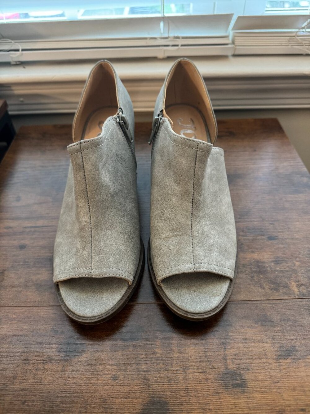 Journee Collection Suede Open-Toe Booties in Light Gray